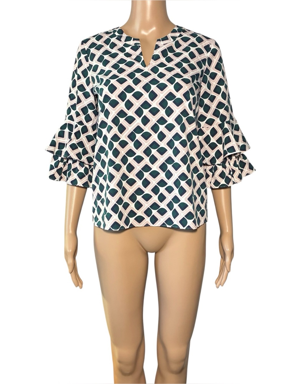 Ann Taylor Factory Women's Petite Blouse XSP Geometric 3/4 Bell Sleeve Pullover